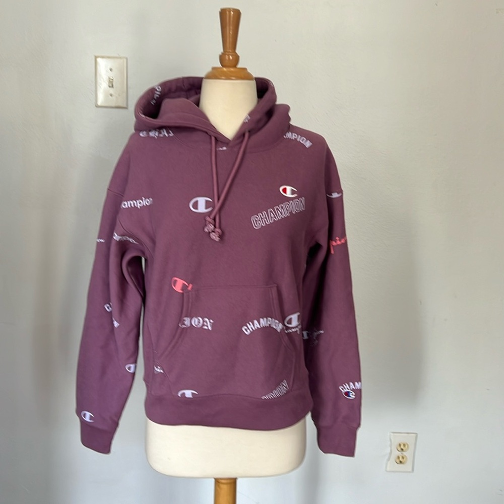 Champion All Over Logo‎ Pullover Hoodie Sweatshirt XS